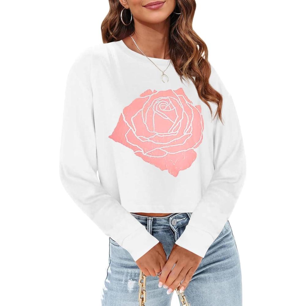 imageTankaneo Womens Long Sleeve Crop Tops Loose Fit Fall Cropped Tshirt 2025 Crew Neck Casual ShirtsFloralwhite