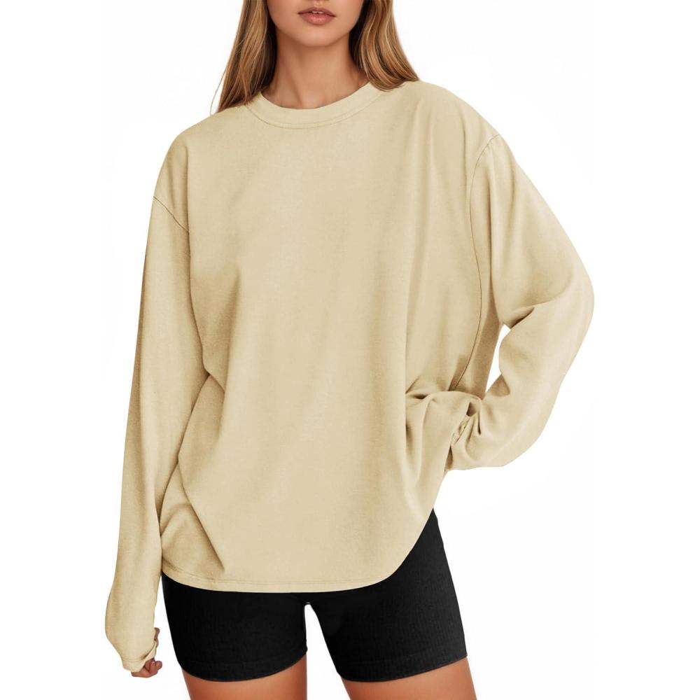 imageTankaneo Womens Long Sleeve Oversized T Shirts Basic Crewneck Workout Tee Tops 2025 Fall Loose Fit Casual Y2K ClothesApricot