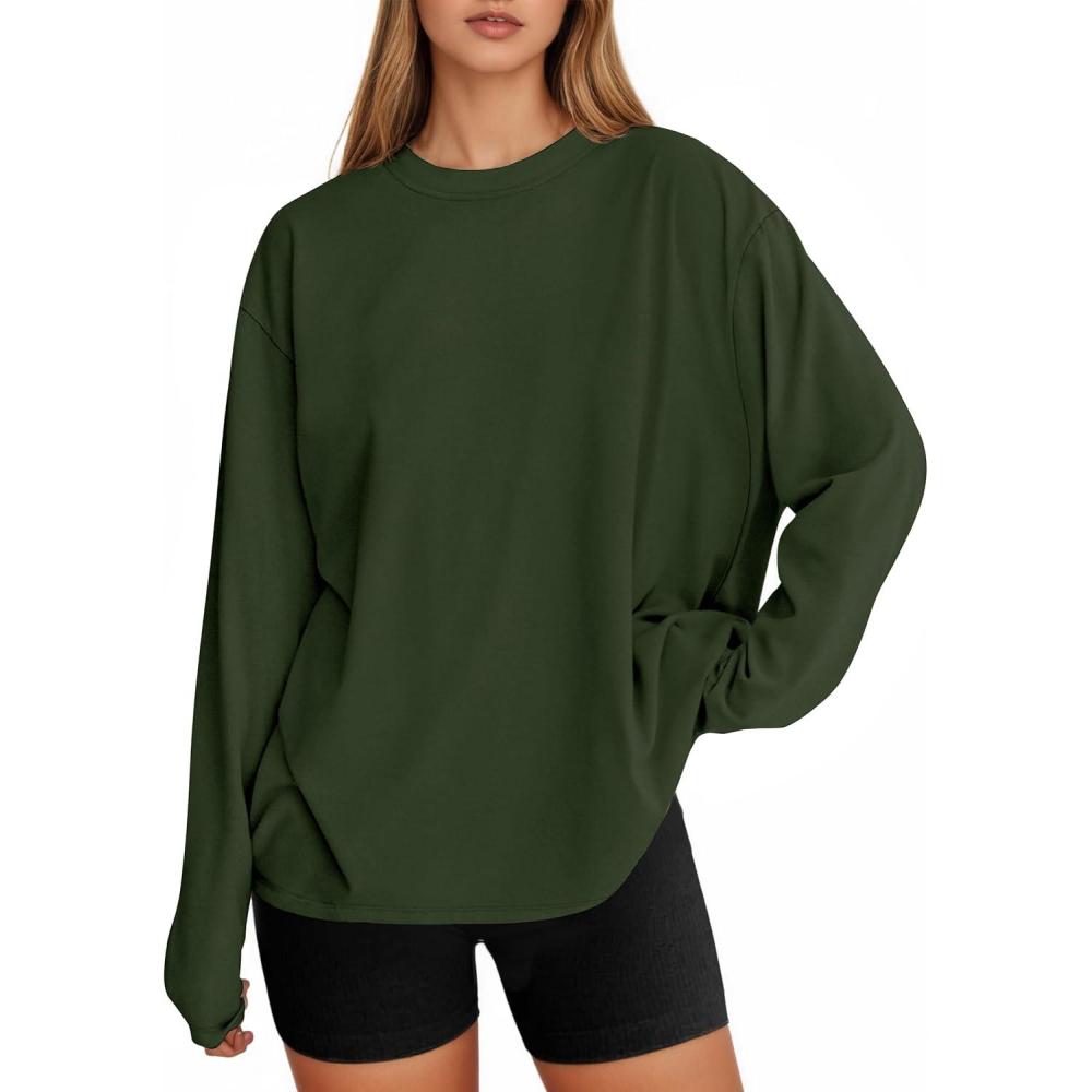 imageTankaneo Womens Long Sleeve Oversized T Shirts Basic Crewneck Workout Tee Tops 2025 Fall Loose Fit Casual Y2K ClothesArmy Green