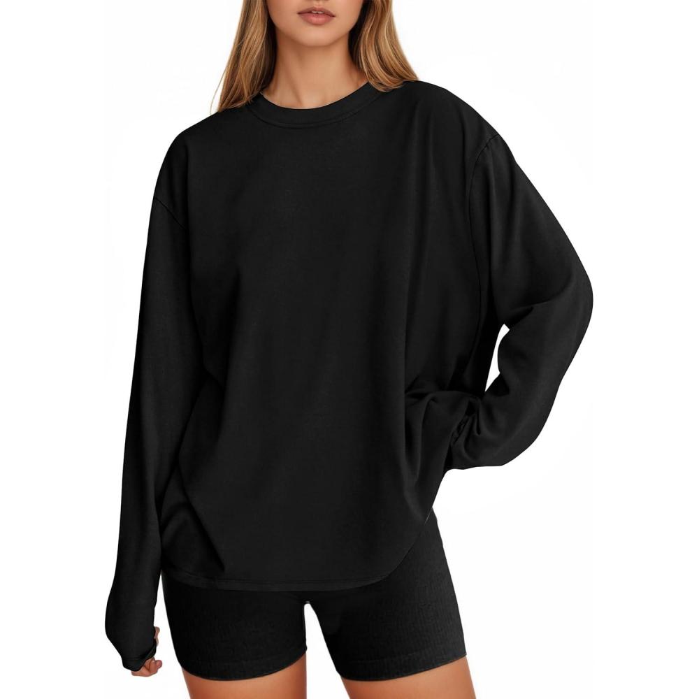 imageTankaneo Womens Long Sleeve Oversized T Shirts Basic Crewneck Workout Tee Tops 2025 Fall Loose Fit Casual Y2K ClothesBlack