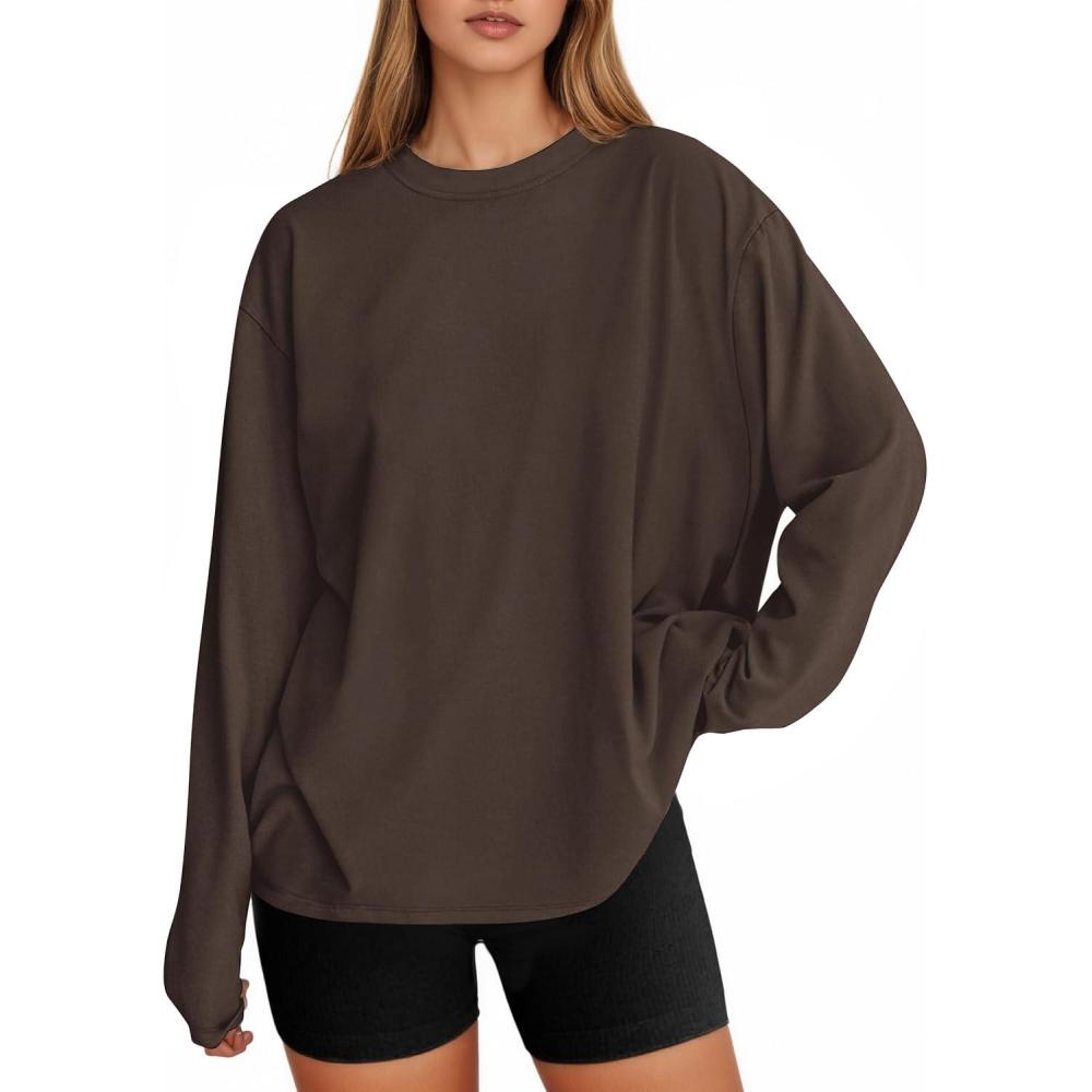 imageTankaneo Womens Long Sleeve Oversized T Shirts Basic Crewneck Workout Tee Tops 2025 Fall Loose Fit Casual Y2K ClothesCoffee