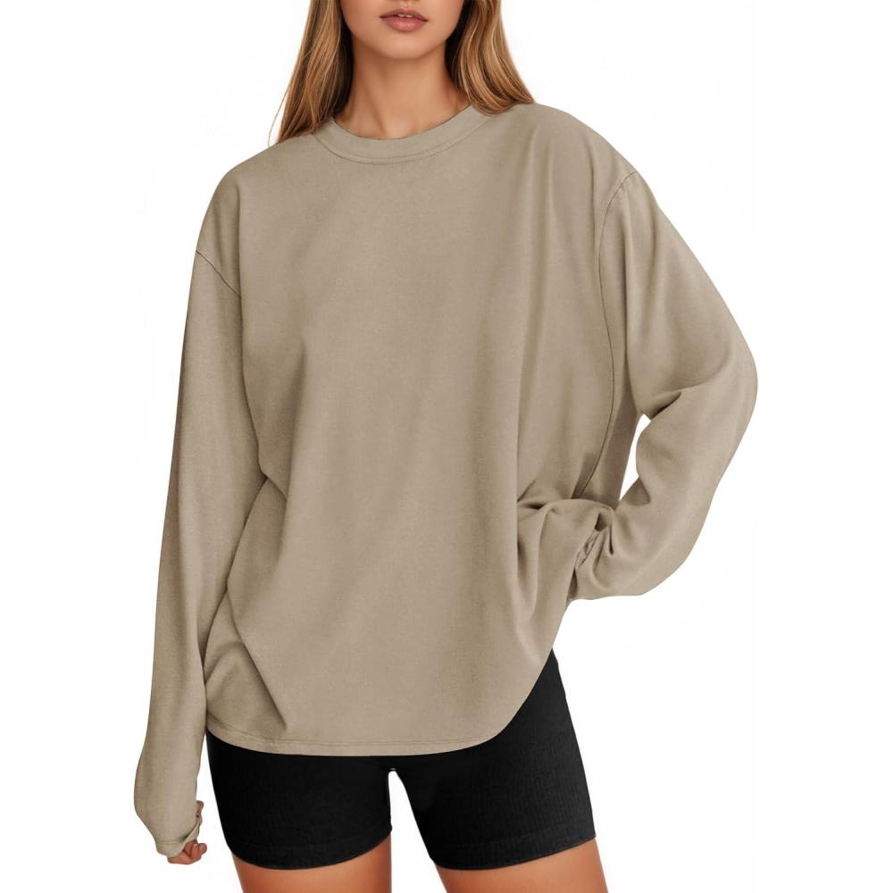 imageTankaneo Womens Long Sleeve Oversized T Shirts Basic Crewneck Workout Tee Tops 2025 Fall Loose Fit Casual Y2K ClothesKhaki