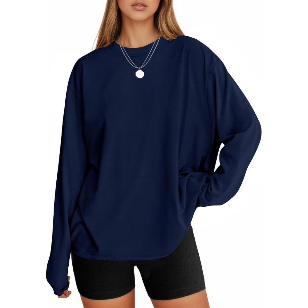 imageTankaneo Womens Long Sleeve Oversized T Shirts Basic Crewneck Workout Tee Tops 2025 Fall Loose Fit Casual Y2K ClothesNavy Blue