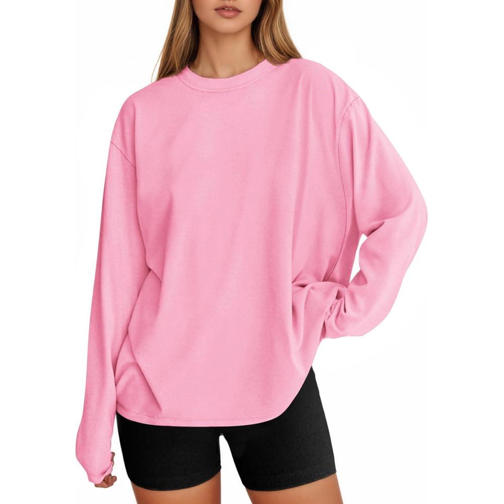 imageTankaneo Womens Long Sleeve Oversized T Shirts Basic Crewneck Workout Tee Tops 2025 Fall Loose Fit Casual Y2K ClothesPink