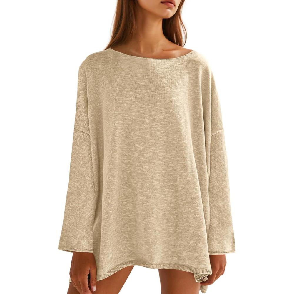 imageTankaneo Womens Long Sleeve Shirts Oversized Lightweight Sweaters Crewneck Side Slit Hem Casual Blouse Tunic TopsBeige