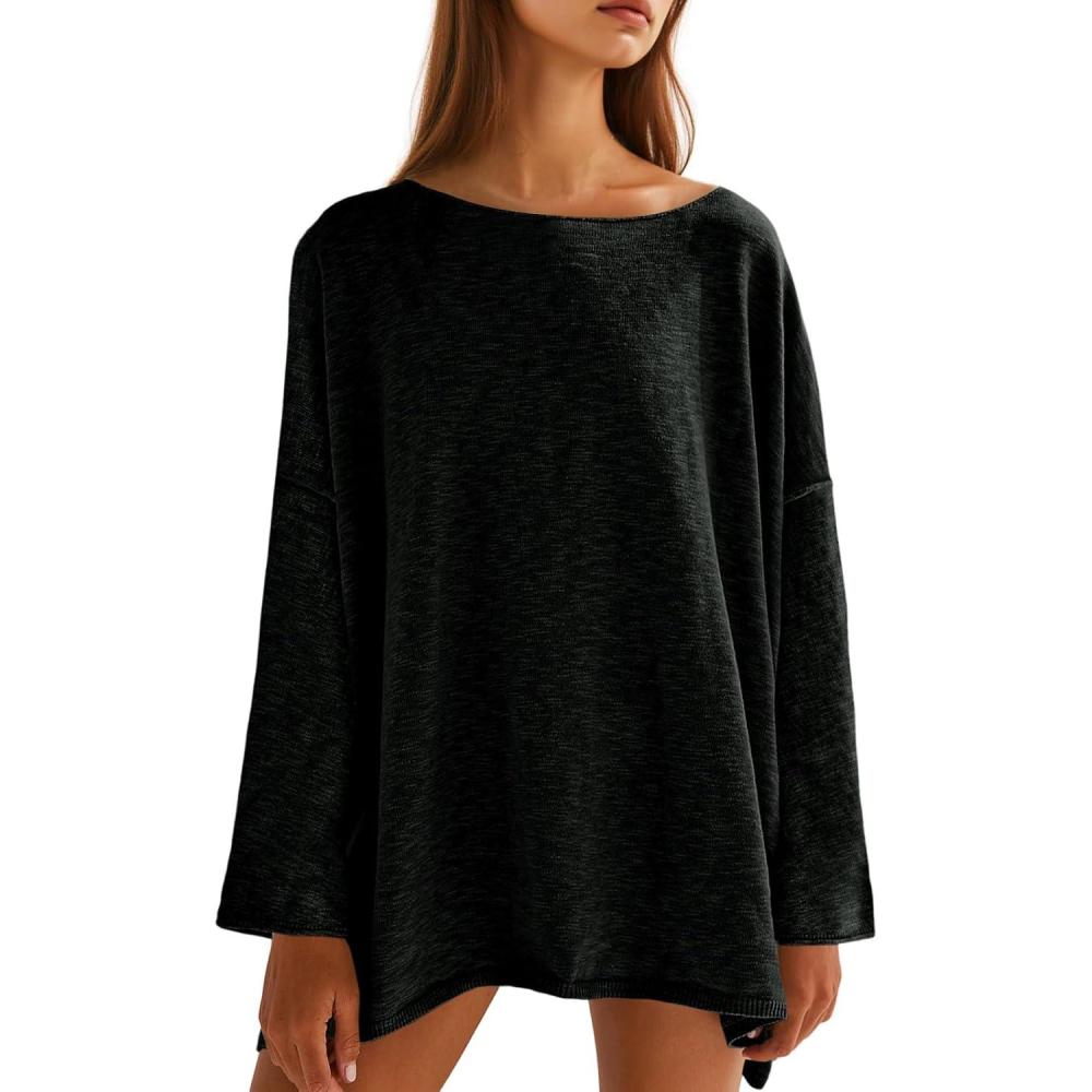 imageTankaneo Womens Long Sleeve Shirts Oversized Lightweight Sweaters Crewneck Side Slit Hem Casual Blouse Tunic TopsBlack