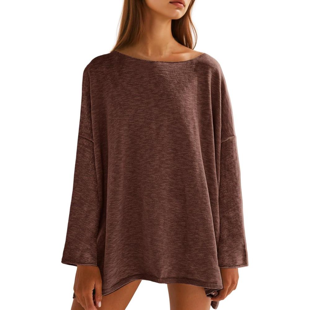imageTankaneo Womens Long Sleeve Shirts Oversized Lightweight Sweaters Crewneck Side Slit Hem Casual Blouse Tunic TopsCoffee