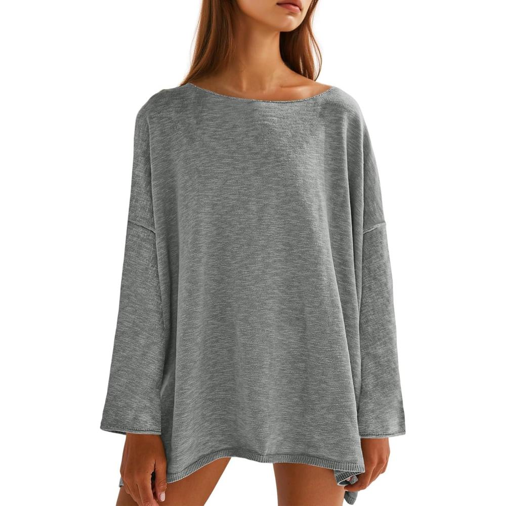 imageTankaneo Womens Long Sleeve Shirts Oversized Lightweight Sweaters Crewneck Side Slit Hem Casual Blouse Tunic TopsGrey