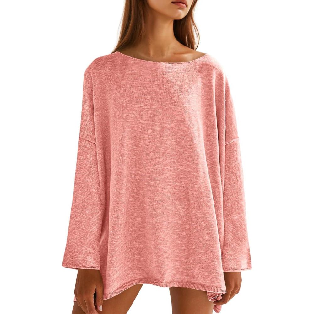 imageTankaneo Womens Long Sleeve Shirts Oversized Lightweight Sweaters Crewneck Side Slit Hem Casual Blouse Tunic TopsPink