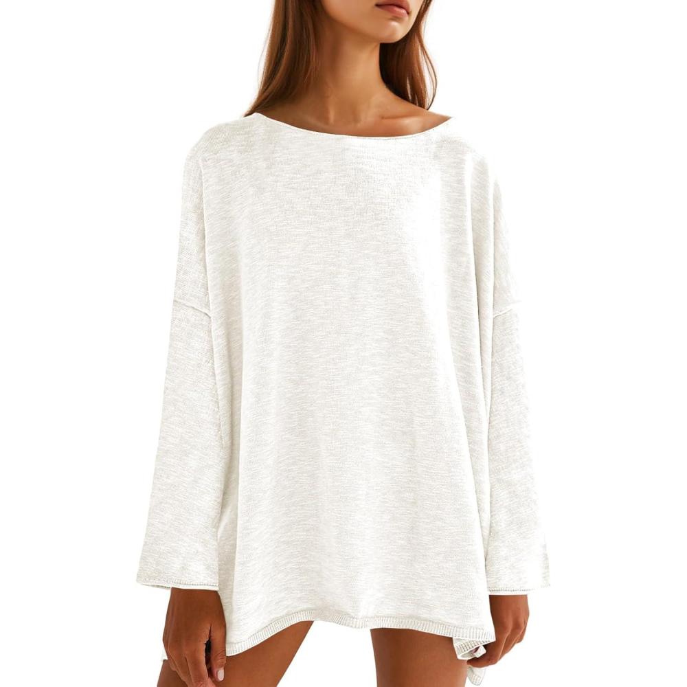 imageTankaneo Womens Long Sleeve Shirts Oversized Lightweight Sweaters Crewneck Side Slit Hem Casual Blouse Tunic TopsWhite