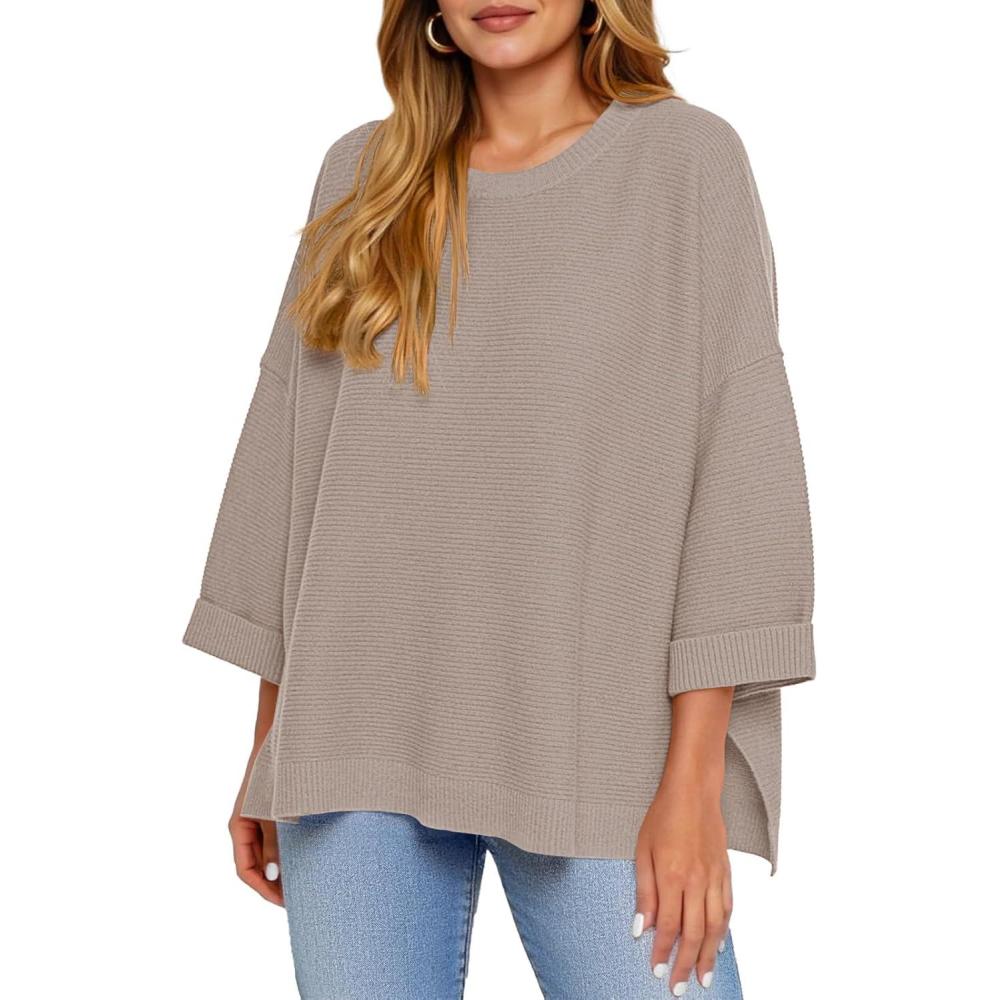 imageTankaneo Womens Oversized Sweaters Casual 34 Long Sleeve Crewneck Ribbed Knit Split Tunics Fall Loose Pullover TopsKhaki