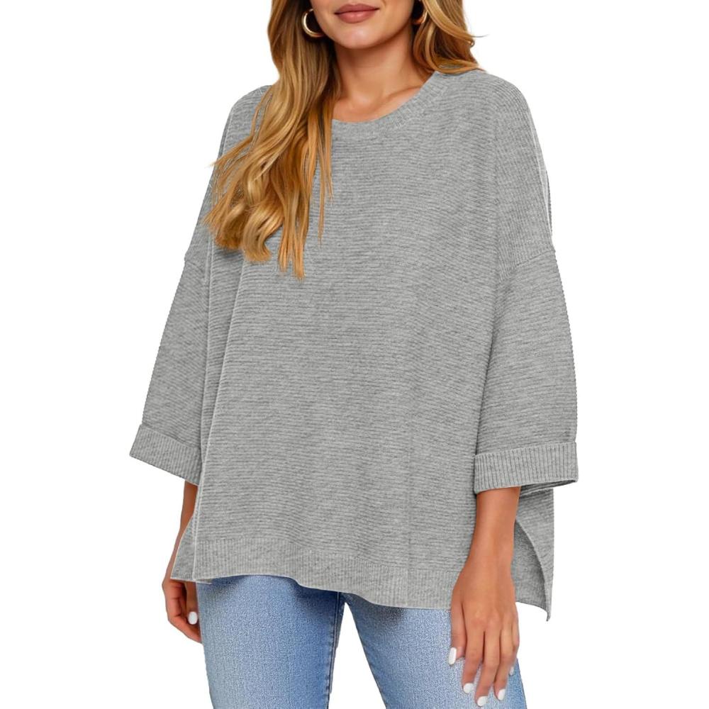 imageTankaneo Womens Oversized Sweaters Casual 34 Long Sleeve Crewneck Ribbed Knit Split Tunics Fall Loose Pullover TopsLight Grey