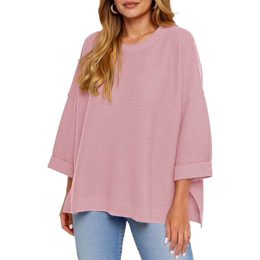 imageTankaneo Womens Oversized Sweaters Casual 34 Long Sleeve Crewneck Ribbed Knit Split Tunics Fall Loose Pullover TopsPink