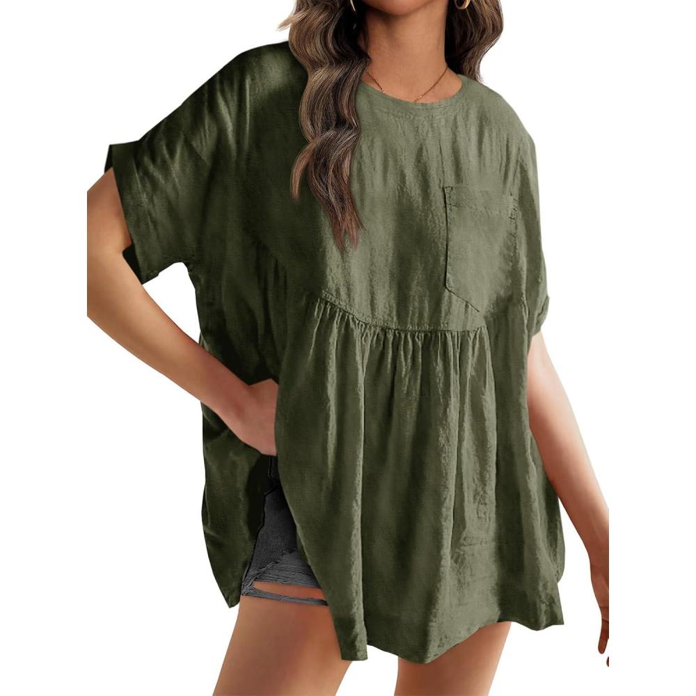 imageTankaneo Womens Summer Babydoll Tops Casual Loose Fit Peplum Oversized Tunic ShirtsArmy Green