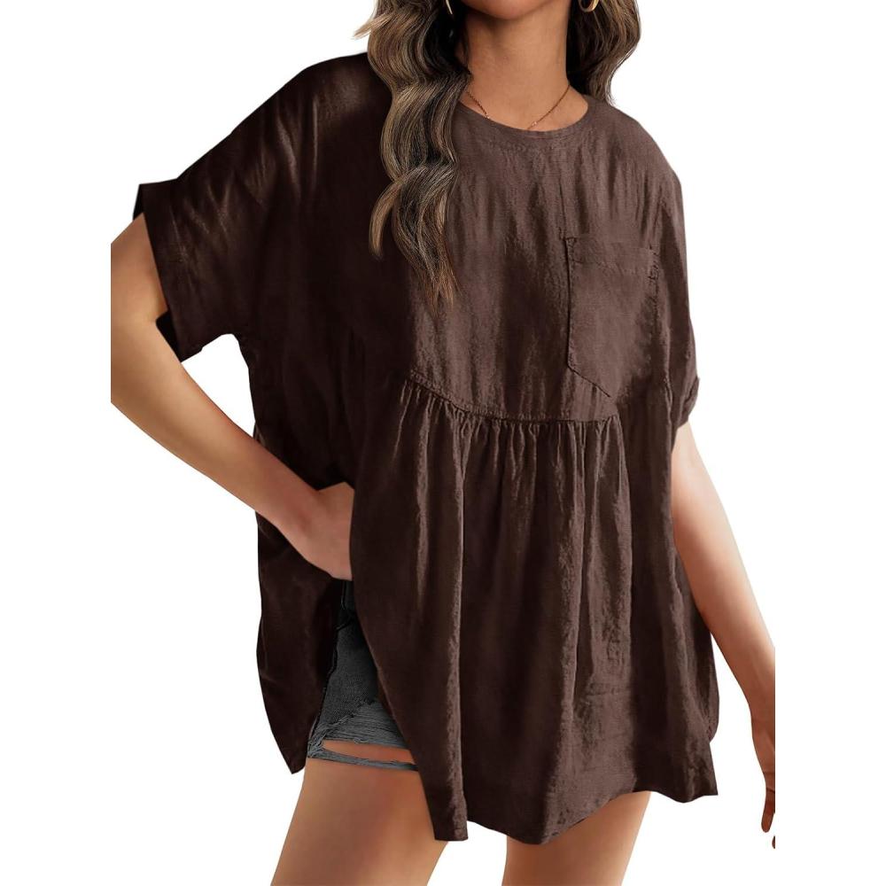 imageTankaneo Womens Summer Babydoll Tops Casual Loose Fit Peplum Oversized Tunic ShirtsBrown