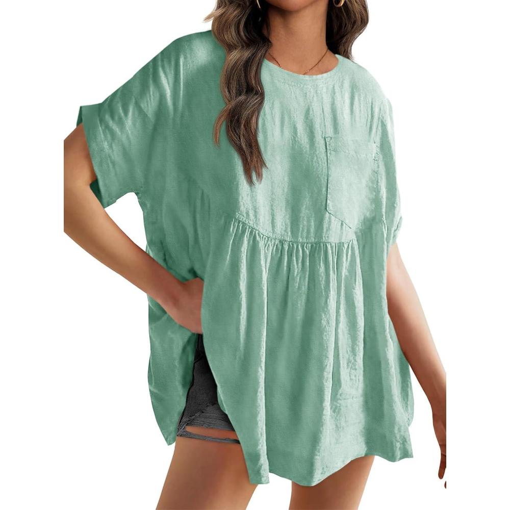 imageTankaneo Womens Summer Babydoll Tops Casual Loose Fit Peplum Oversized Tunic ShirtsGreen