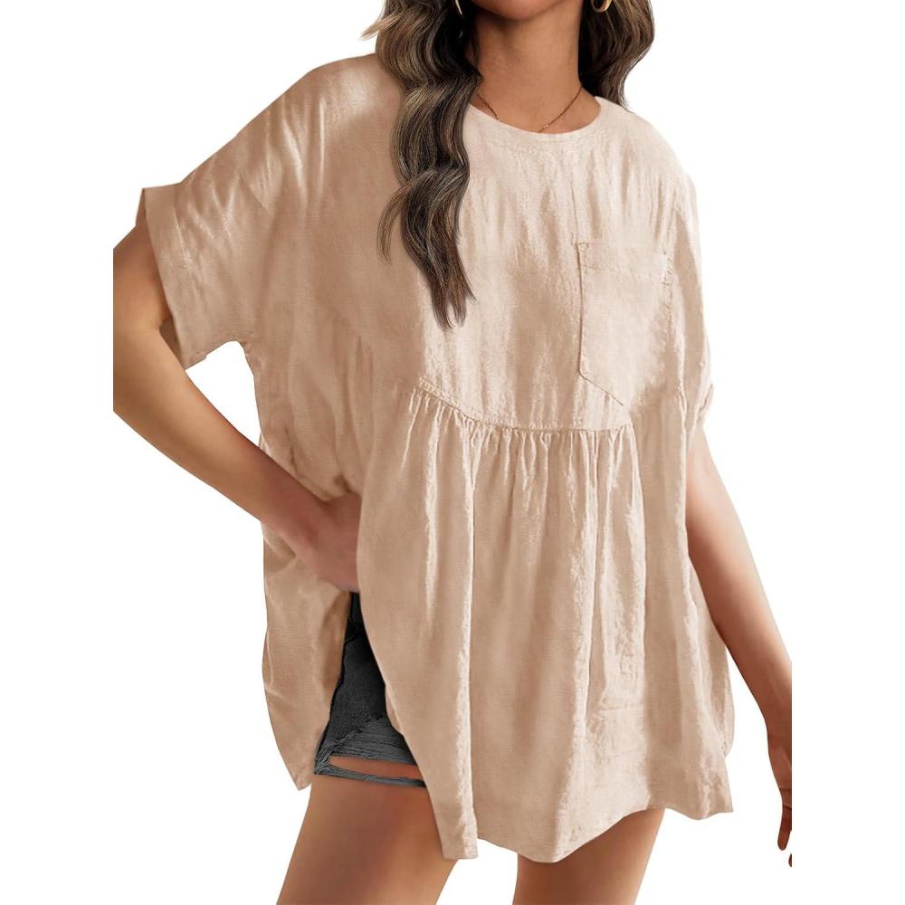 imageTankaneo Womens Summer Babydoll Tops Casual Loose Fit Peplum Oversized Tunic ShirtsKhaki