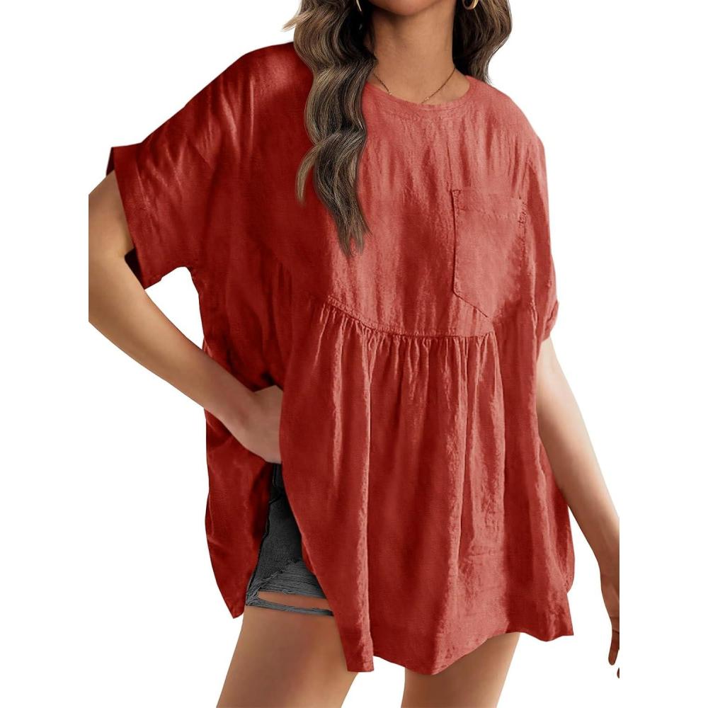 imageTankaneo Womens Summer Babydoll Tops Casual Loose Fit Peplum Oversized Tunic ShirtsOrange Red