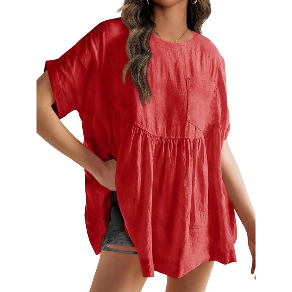 imageTankaneo Womens Summer Babydoll Tops Casual Loose Fit Peplum Oversized Tunic ShirtsRed