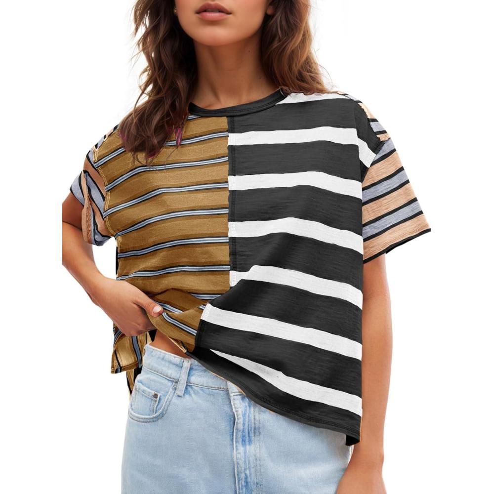 imageTankaneo Womens Summer Striped Shirts Casual Color Block Short Sleeve Tops Loose Fit Crew Neck TeesBlack