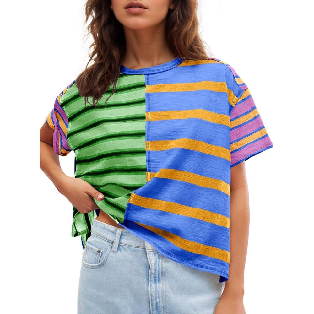 imageTankaneo Womens Summer Striped Shirts Casual Color Block Short Sleeve Tops Loose Fit Crew Neck TeesBluegreen