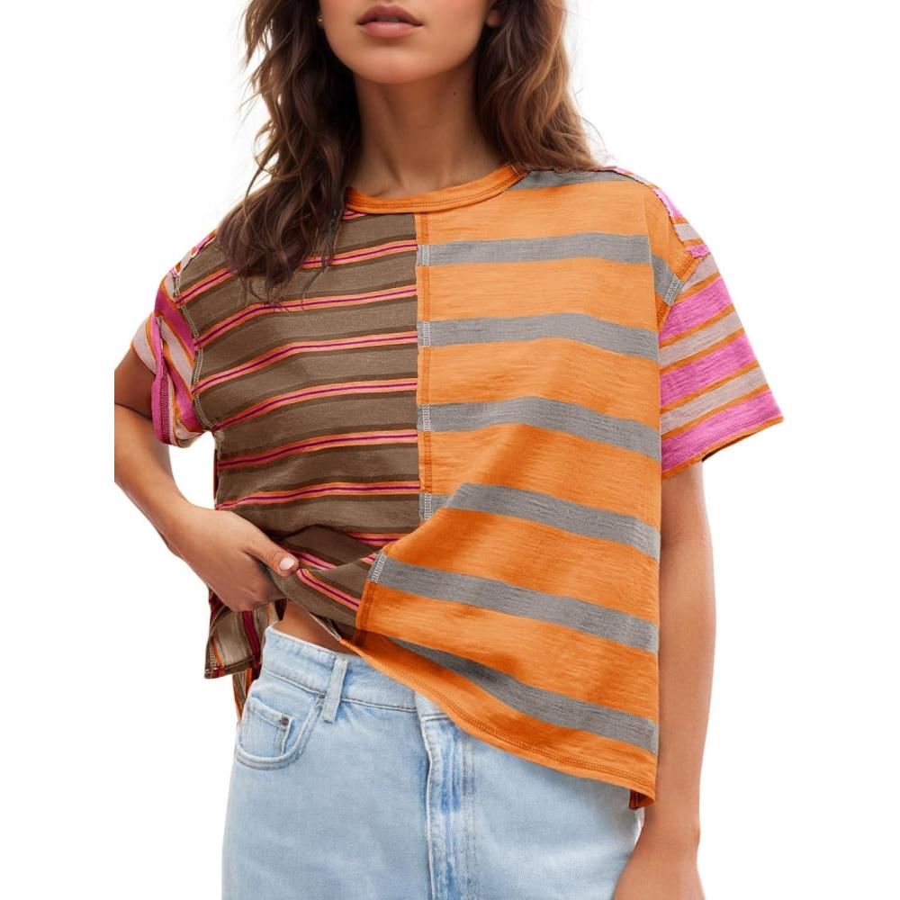 imageTankaneo Womens Summer Striped Shirts Casual Color Block Short Sleeve Tops Loose Fit Crew Neck TeesCoffee