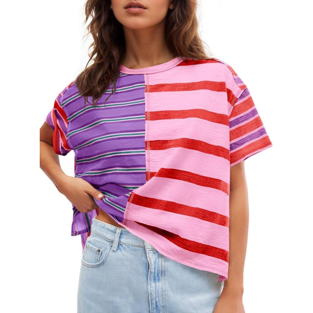 imageTankaneo Womens Summer Striped Shirts Casual Color Block Short Sleeve Tops Loose Fit Crew Neck TeesLilac