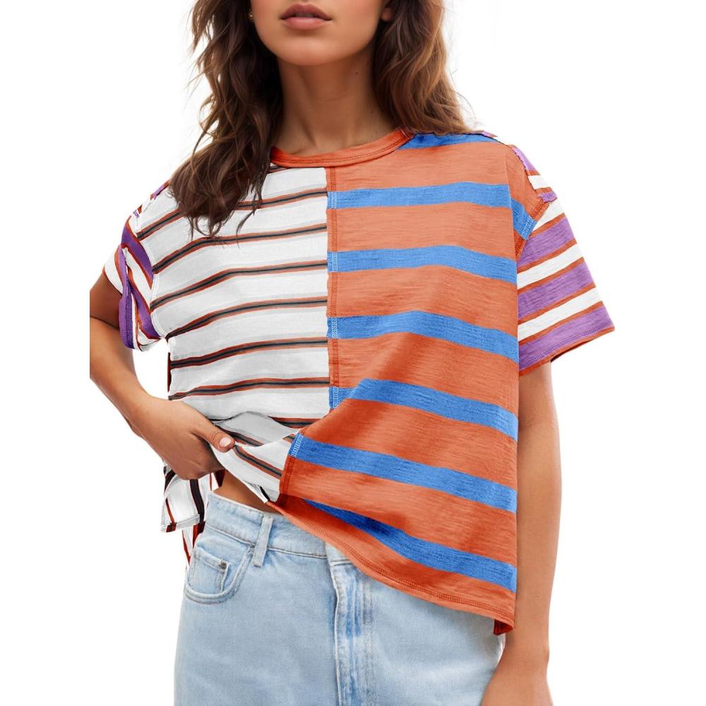 imageTankaneo Womens Summer Striped Shirts Casual Color Block Short Sleeve Tops Loose Fit Crew Neck TeesOrange Red