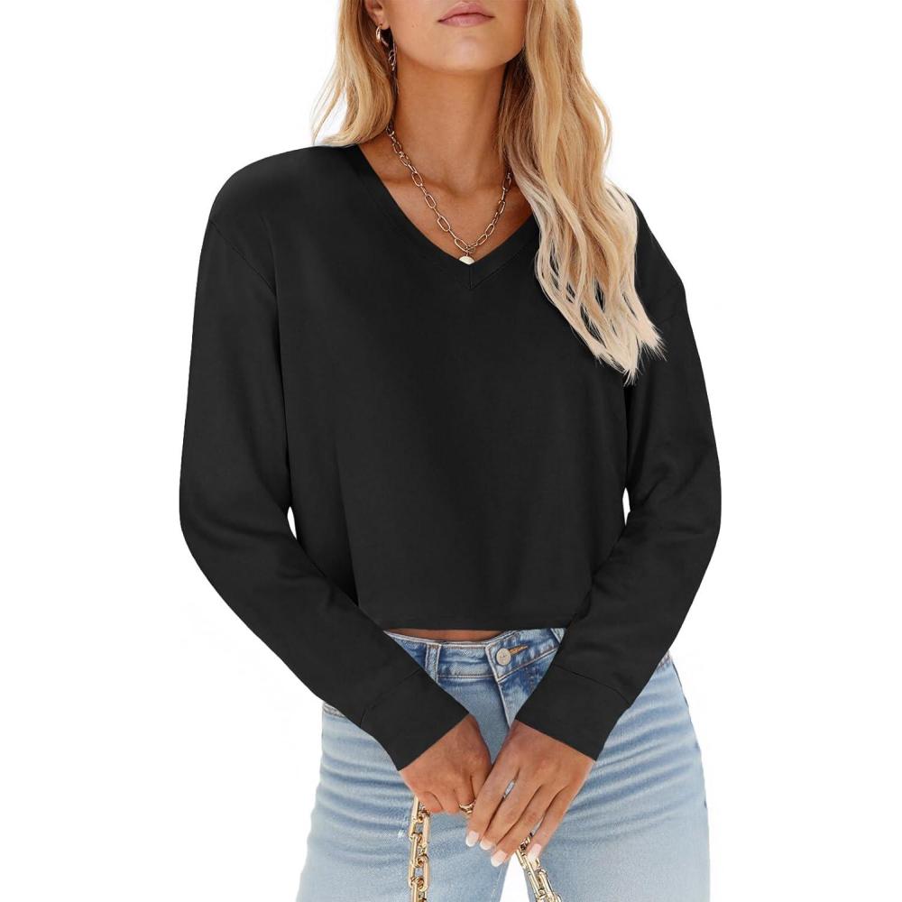 imageTankaneo Womens V Neck Cropped T Shirts Casual Summer Crop Tops Half Sleeve Solid Color Crop Baisc TeesAblack