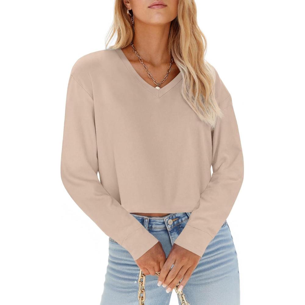 imageTankaneo Womens V Neck Cropped T Shirts Casual Summer Crop Tops Half Sleeve Solid Color Crop Baisc TeesAkhaki