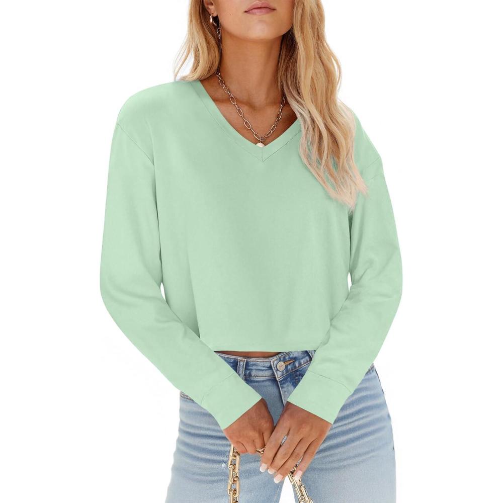 imageTankaneo Womens V Neck Cropped T Shirts Casual Summer Crop Tops Half Sleeve Solid Color Crop Baisc TeesAlight Green
