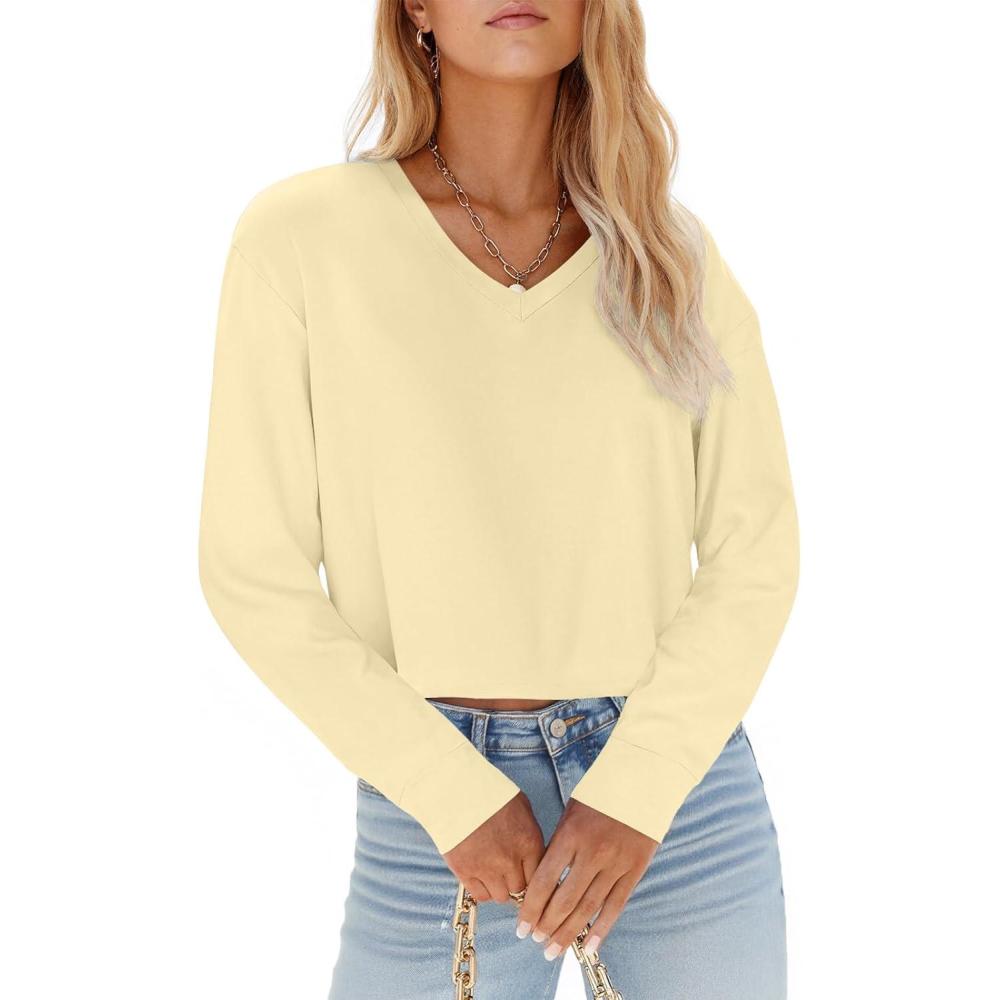 imageTankaneo Womens V Neck Cropped T Shirts Casual Summer Crop Tops Half Sleeve Solid Color Crop Baisc TeesAoff White