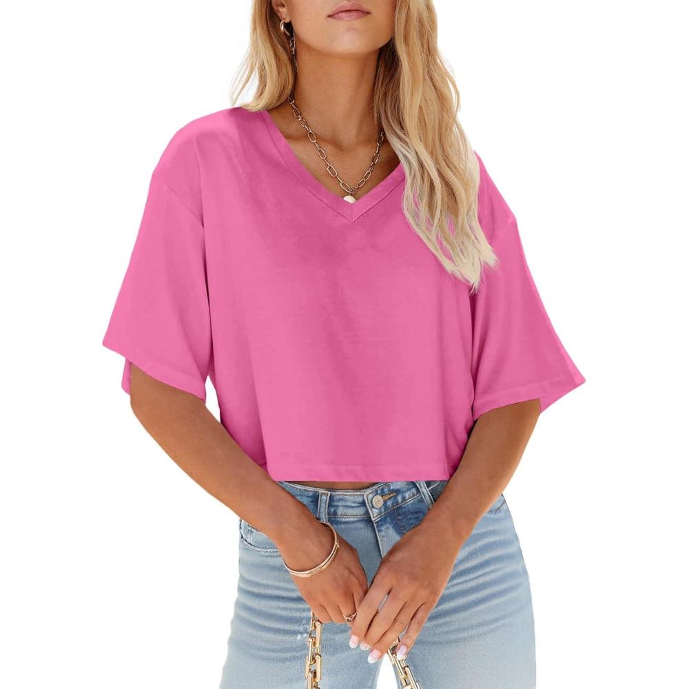 imageTankaneo Womens V Neck Cropped T Shirts Casual Summer Crop Tops Half Sleeve Solid Color Crop Baisc TeesChot Pink