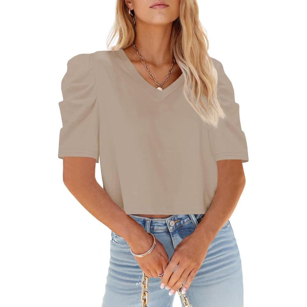 imageTankaneo Womens V Neck Cropped T Shirts Casual Summer Crop Tops Half Sleeve Solid Color Crop Baisc TeesPkhaki