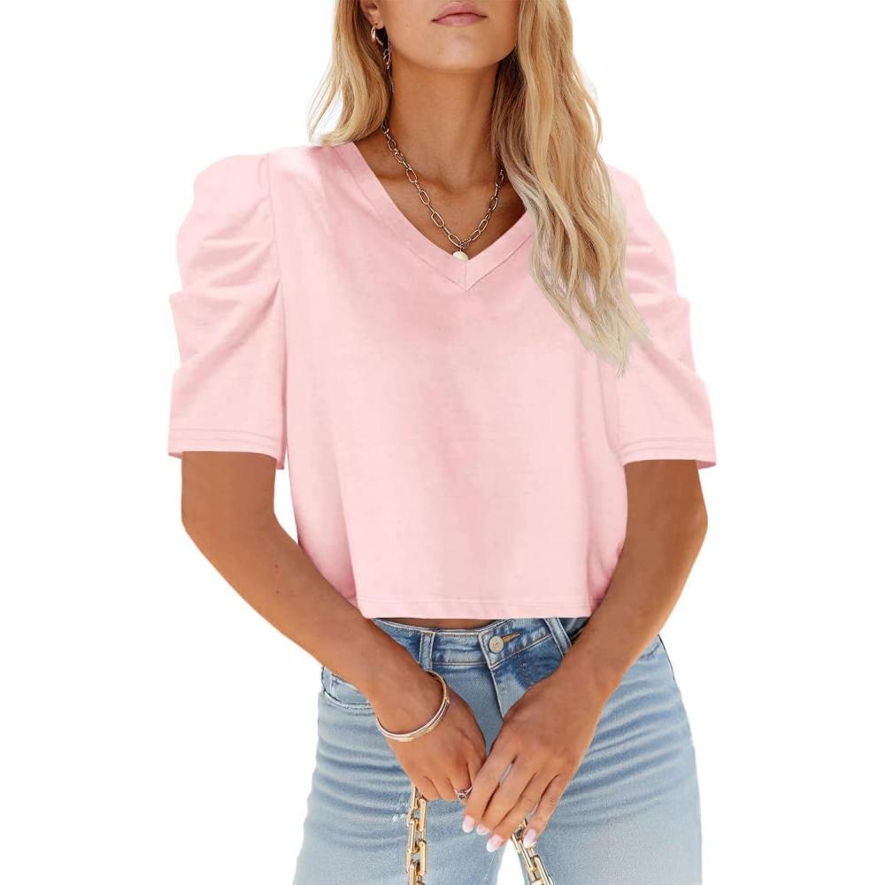 imageTankaneo Womens V Neck Cropped T Shirts Casual Summer Crop Tops Half Sleeve Solid Color Crop Baisc TeesPpink