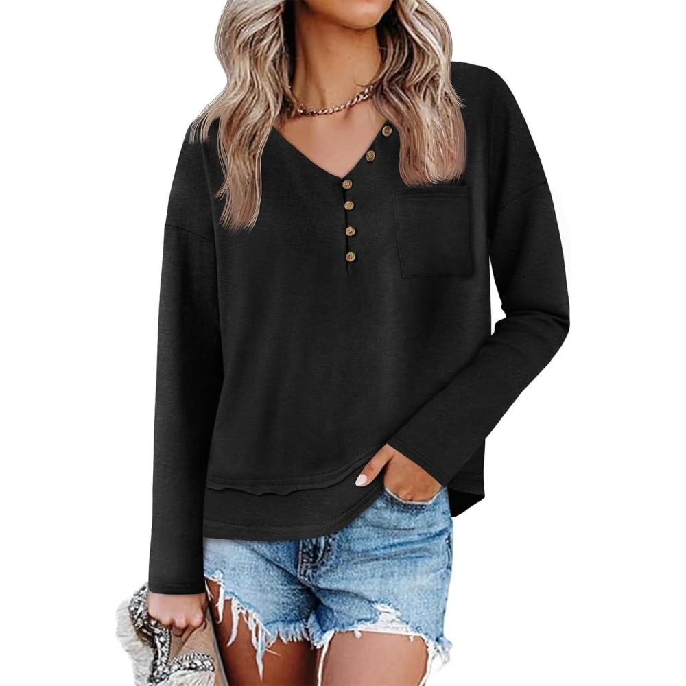 imageTankaneo Womens V Neck Henley Shirts Casual Long Sleeve Flowy Tees Cute Loose Fit Tops with PocketBlack