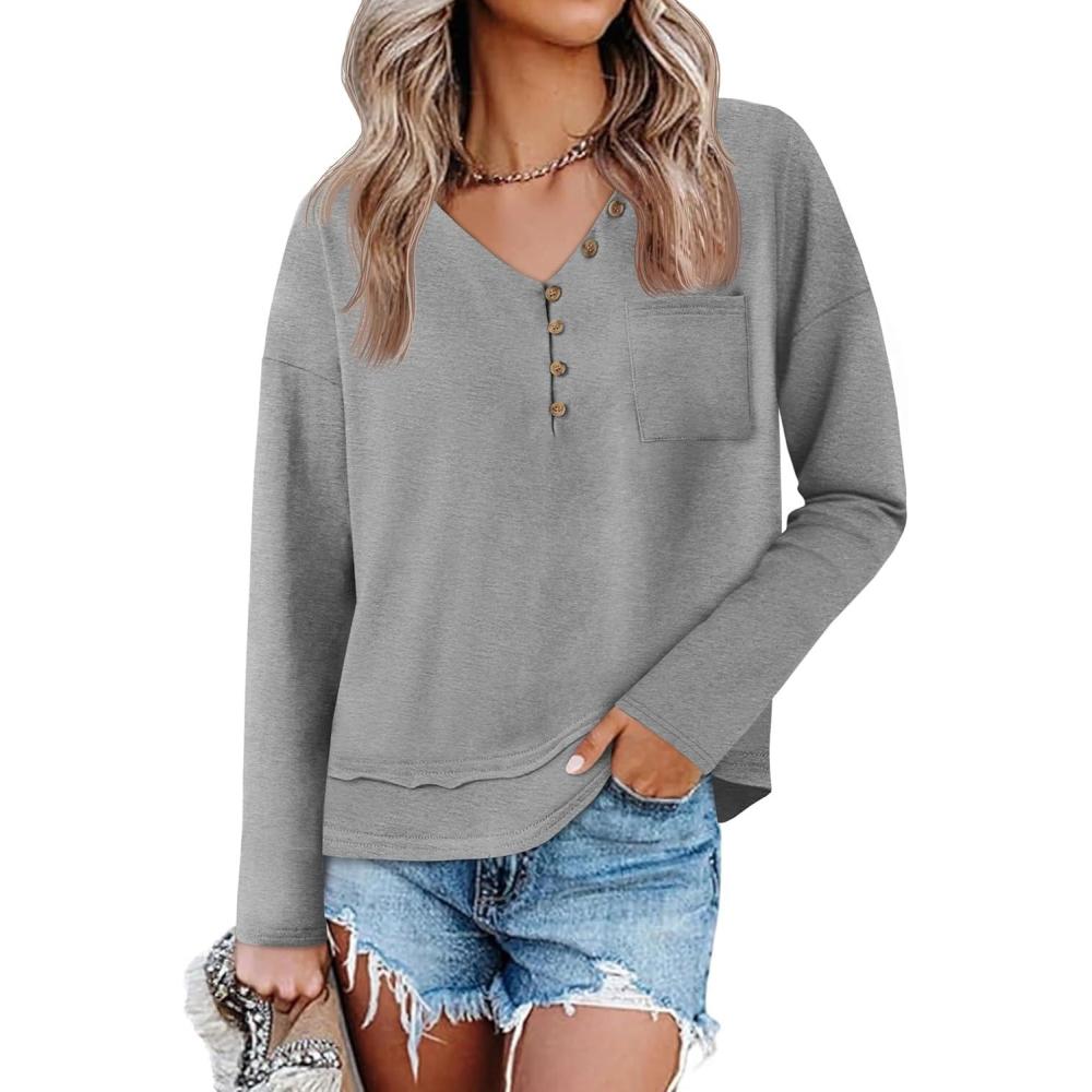 imageTankaneo Womens V Neck Henley Shirts Casual Long Sleeve Flowy Tees Cute Loose Fit Tops with PocketGrey