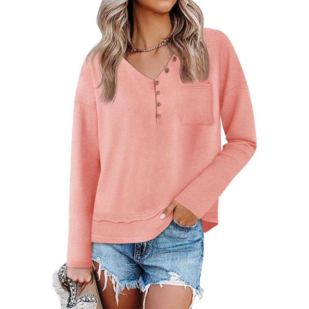 imageTankaneo Womens V Neck Henley Shirts Casual Long Sleeve Flowy Tees Cute Loose Fit Tops with PocketPink