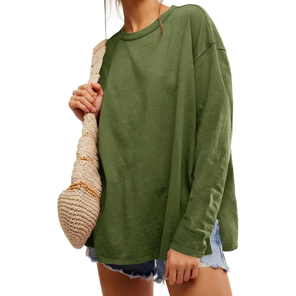 imageWomens Oversized Long Sleeve Shirts Crew Neck Casual Tops Loose Fit Side Slit Fall TeesArmy Green
