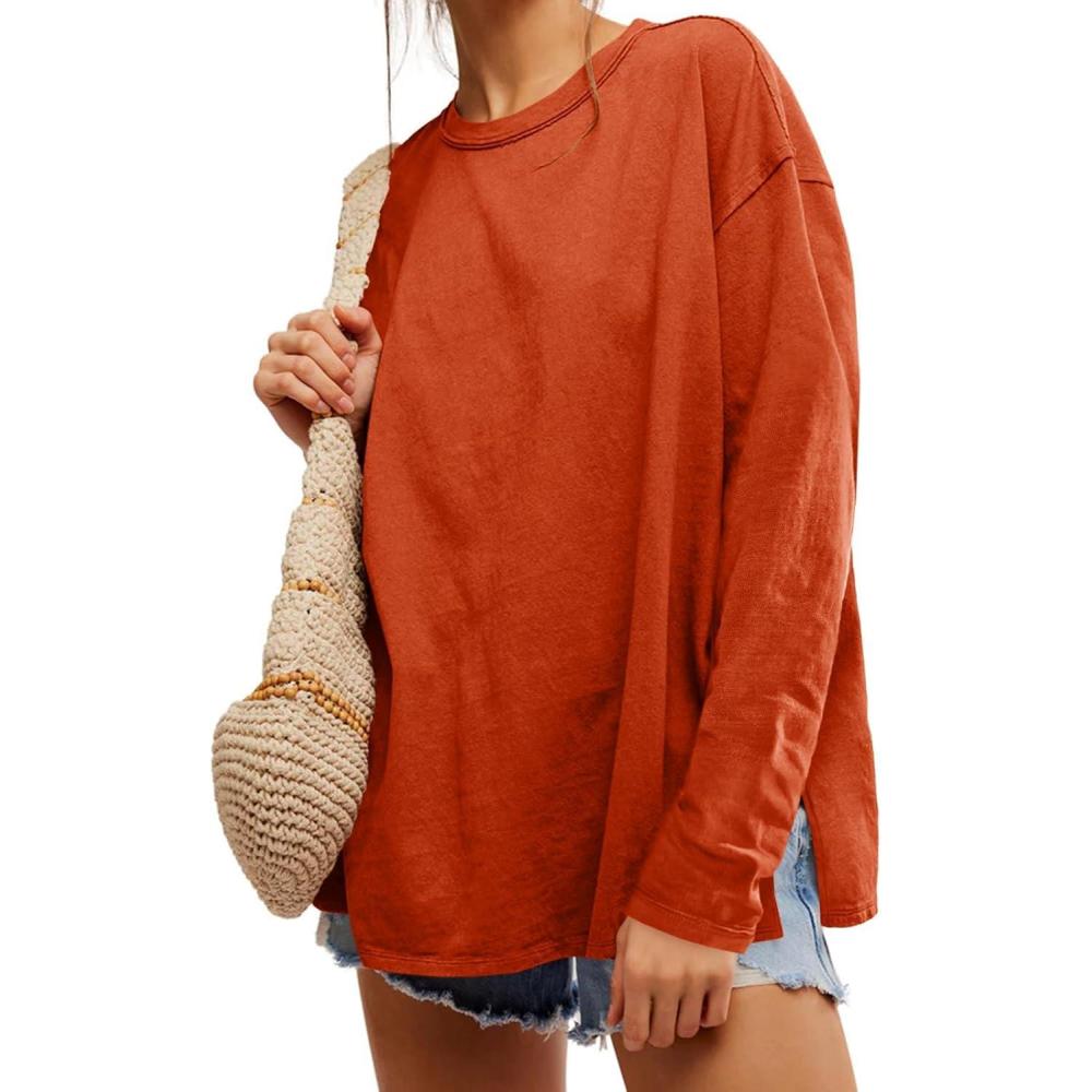 imageWomens Oversized Long Sleeve Shirts Crew Neck Casual Tops Loose Fit Side Slit Fall TeesBrick Red