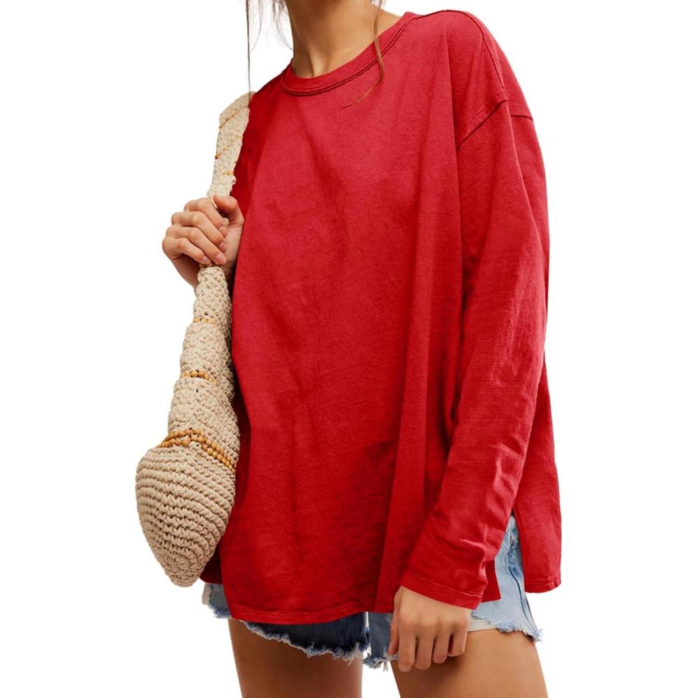 imageWomens Oversized Long Sleeve Shirts Crew Neck Casual Tops Loose Fit Side Slit Fall TeesRed