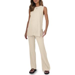 Tankaneo Two Pieces Outfits Sleeveless Top Knit Sets Trendy Lounge Long Pajamas Set(Apricot)