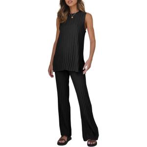 Tankaneo Two Pieces Outfits Sleeveless Top Knit Sets Trendy Lounge Long Pajamas Set(Black)