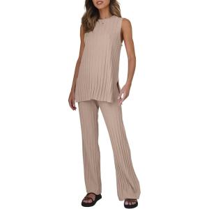 Tankaneo Two Pieces Outfits Sleeveless Top Knit Sets Trendy Lounge Long Pajamas Set(Camel)