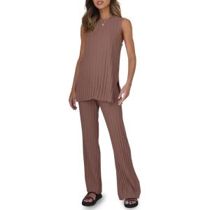Tankaneo Two Pieces Outfits Sleeveless Top Knit Sets Trendy Lounge Long Pajamas Set(Coffee)