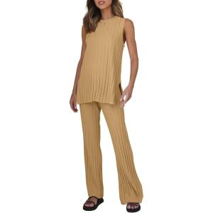 Tankaneo Two Pieces Outfits Sleeveless Top Knit Sets Trendy Lounge Long Pajamas Set(Khaki)