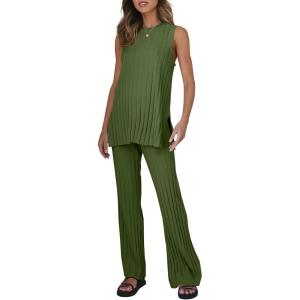 Tankaneo Two Pieces Outfits Sleeveless Top Knit Sets Trendy Lounge Long Pajamas Set(Military Green)