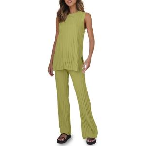 Tankaneo Two Pieces Outfits Sleeveless Top Knit Sets Trendy Lounge Long Pajamas Set(Olive Green)