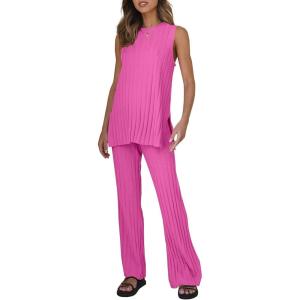 Tankaneo Two Pieces Outfits Sleeveless Top Knit Sets Trendy Lounge Long Pajamas Set(Rose Red)