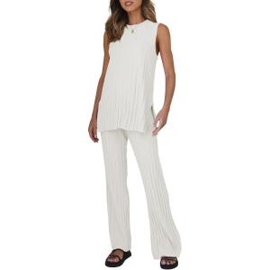 Tankaneo Two Pieces Outfits Sleeveless Top Knit Sets Trendy Lounge Long Pajamas Set(White)